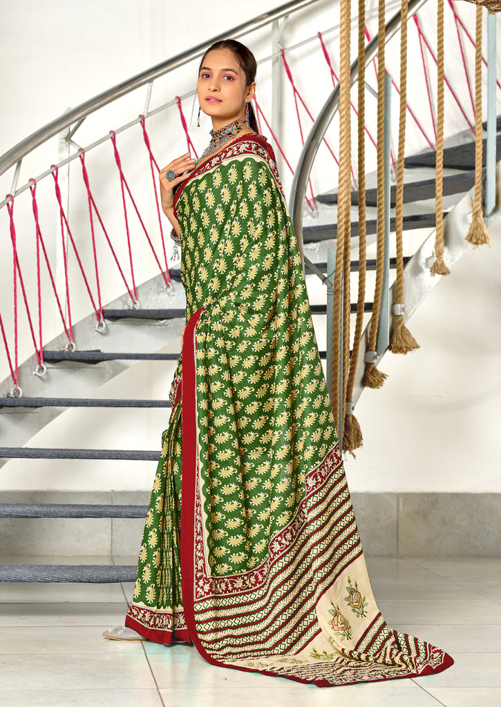 INAYAT PURE MULMUL COTTON JAIPUR PRINTD GREEN SAREE