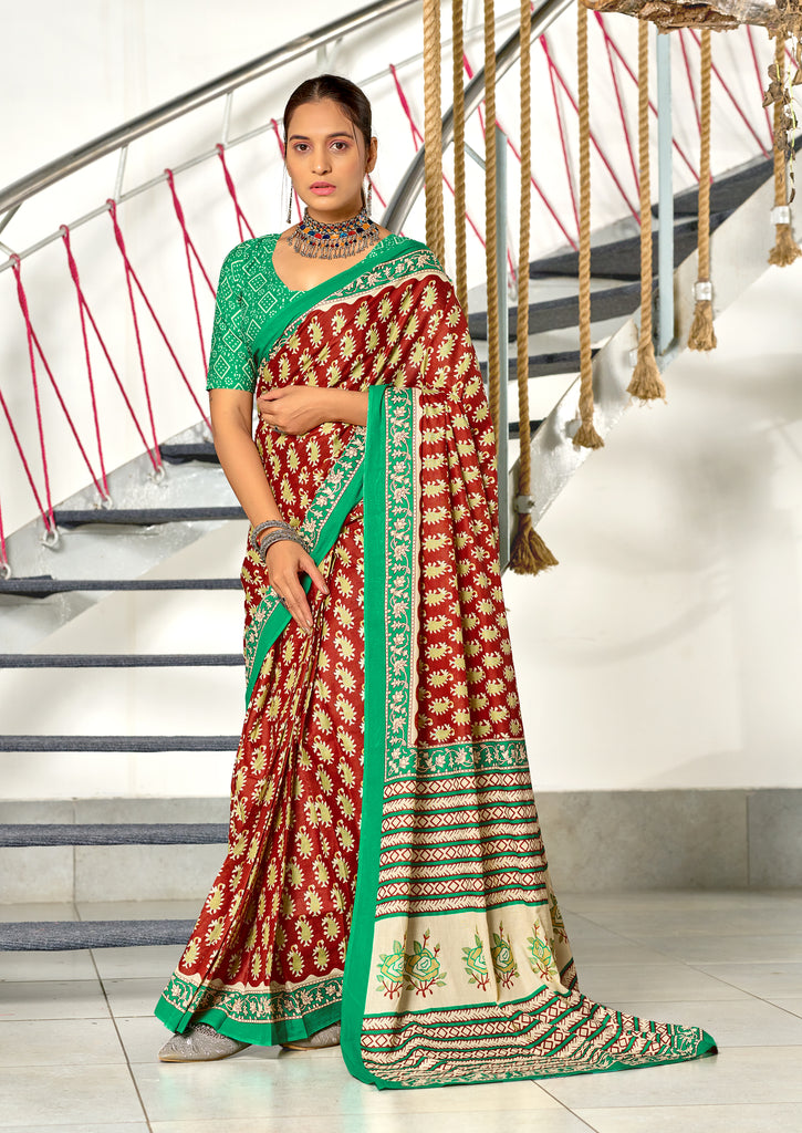 INAYAT PURE MULMUL COTTON JAIPUR PRINTD MAROON SAREE