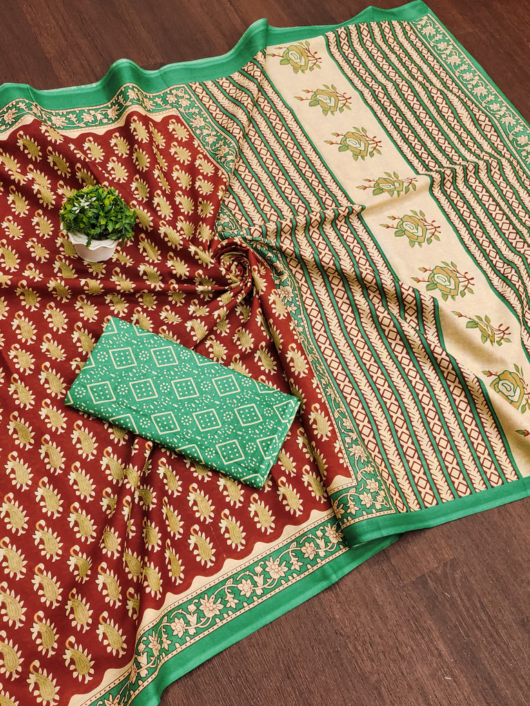 INAYAT PURE MULMUL COTTON JAIPUR PRINTD MAROON SAREE