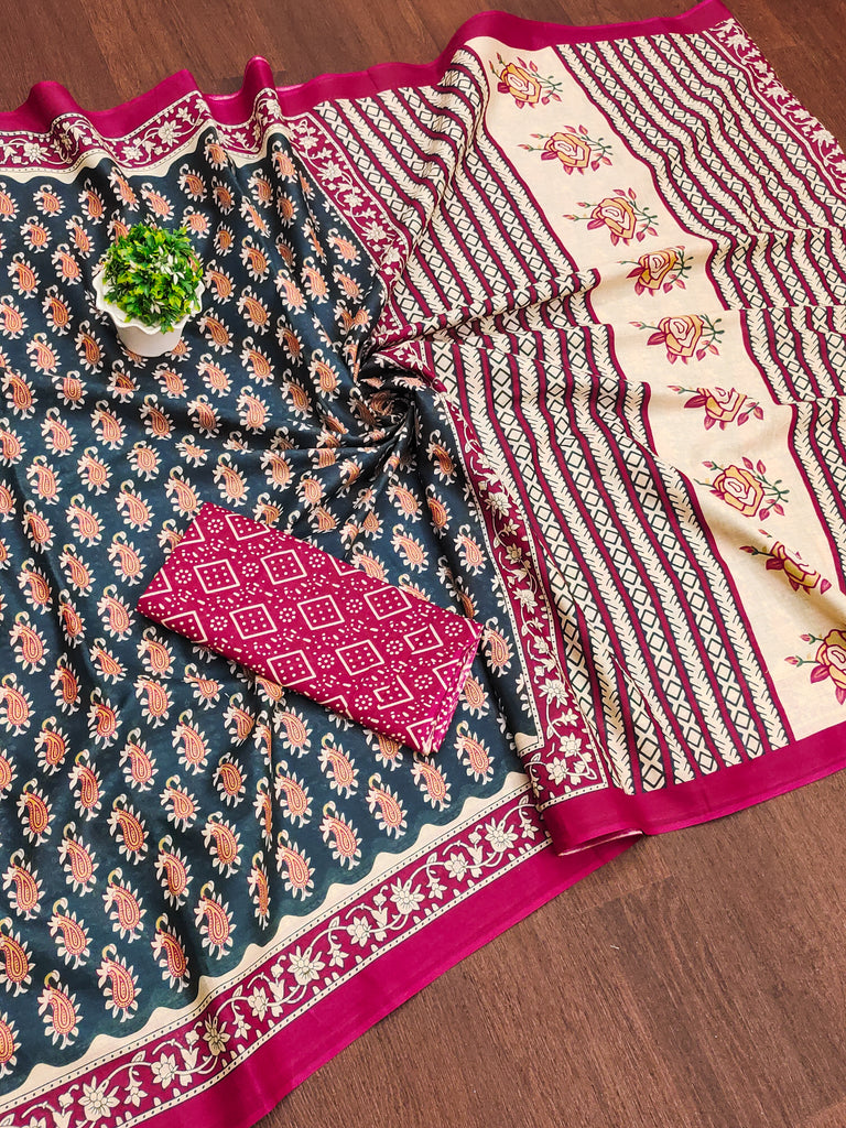 INAYAT PURE MULMUL COTTON JAIPUR PRINTD STILL GREY SAREE