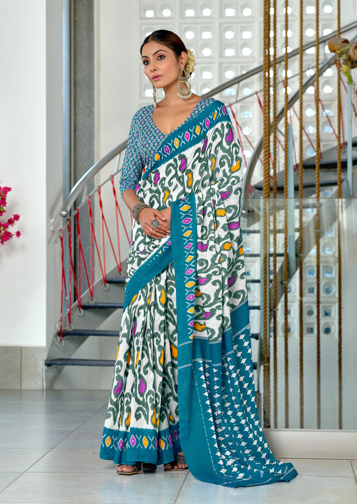 JYOTHIKA PURE MULMUL COTTON IKKAT  PRINTD BLUE SAREE