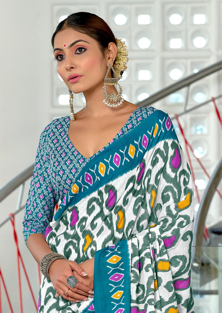 JYOTHIKA PURE MULMUL COTTON IKKAT  PRINTD BLUE SAREE