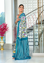 JYOTHIKA PURE MULMUL COTTON IKKAT  PRINTD BLUE SAREE