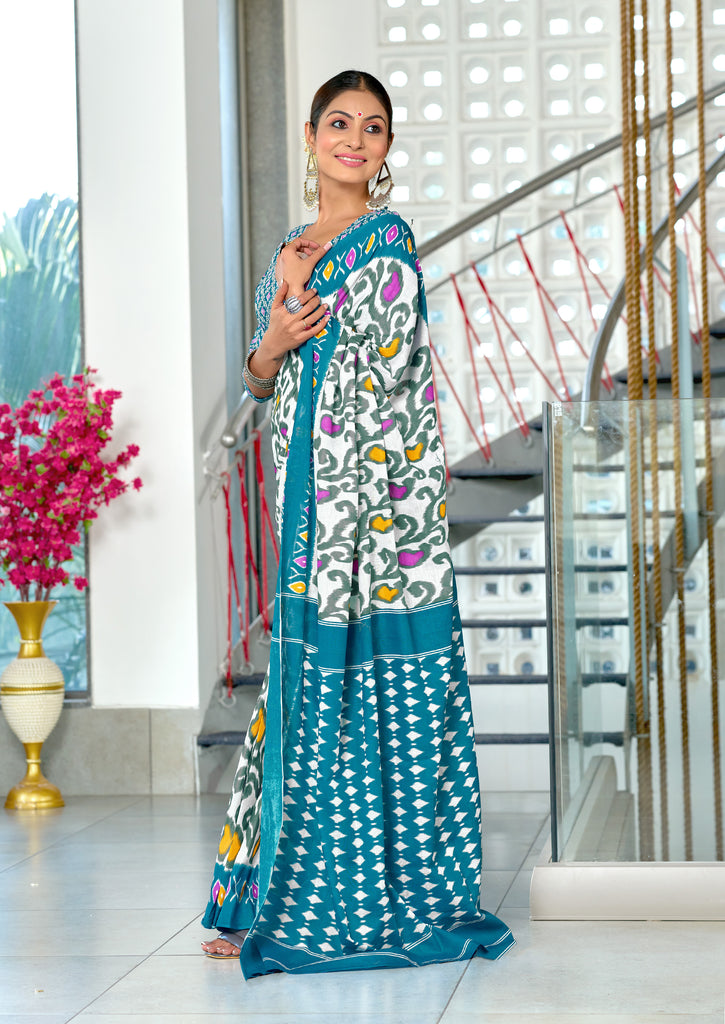 JYOTHIKA PURE MULMUL COTTON IKKAT  PRINTD BLUE SAREE