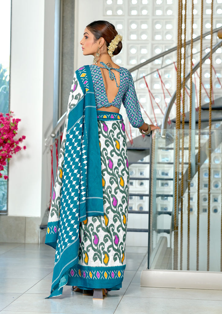 JYOTHIKA PURE MULMUL COTTON IKKAT  PRINTD BLUE SAREE