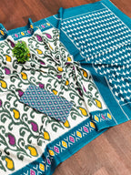 JYOTHIKA PURE MULMUL COTTON IKKAT  PRINTD BLUE SAREE