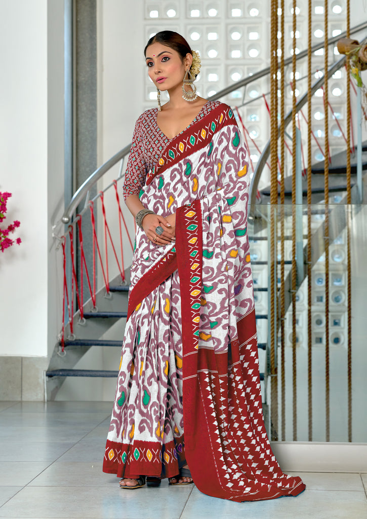 JYOTHIKA PURE MULMUL COTTON IKKAT  PRINTD MAROON SAREE