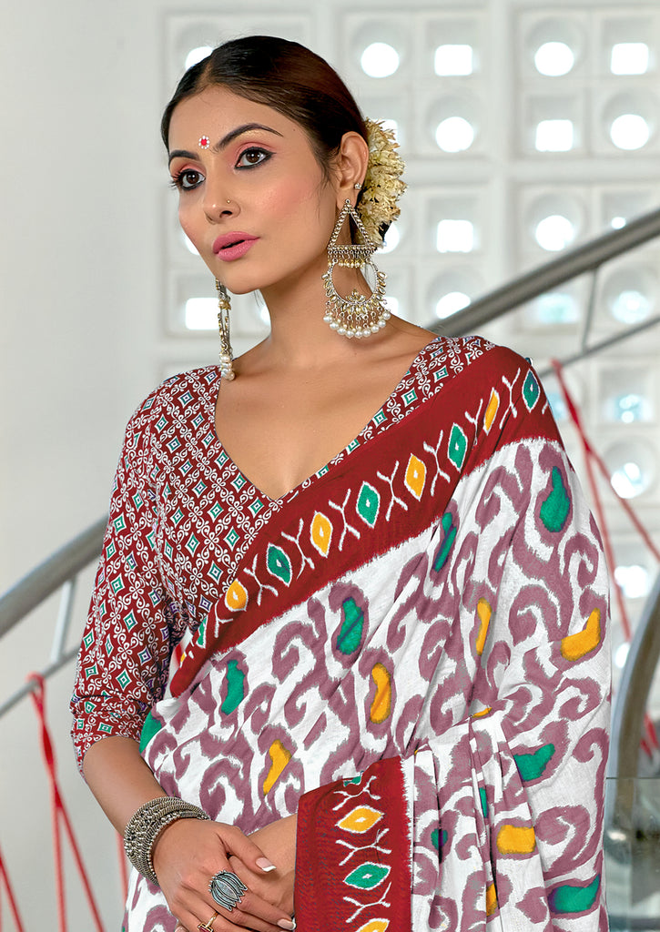 JYOTHIKA PURE MULMUL COTTON IKKAT  PRINTD MAROON SAREE