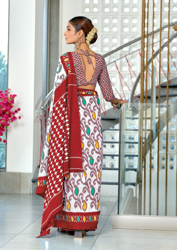 JYOTHIKA PURE MULMUL COTTON IKKAT  PRINTD MAROON SAREE