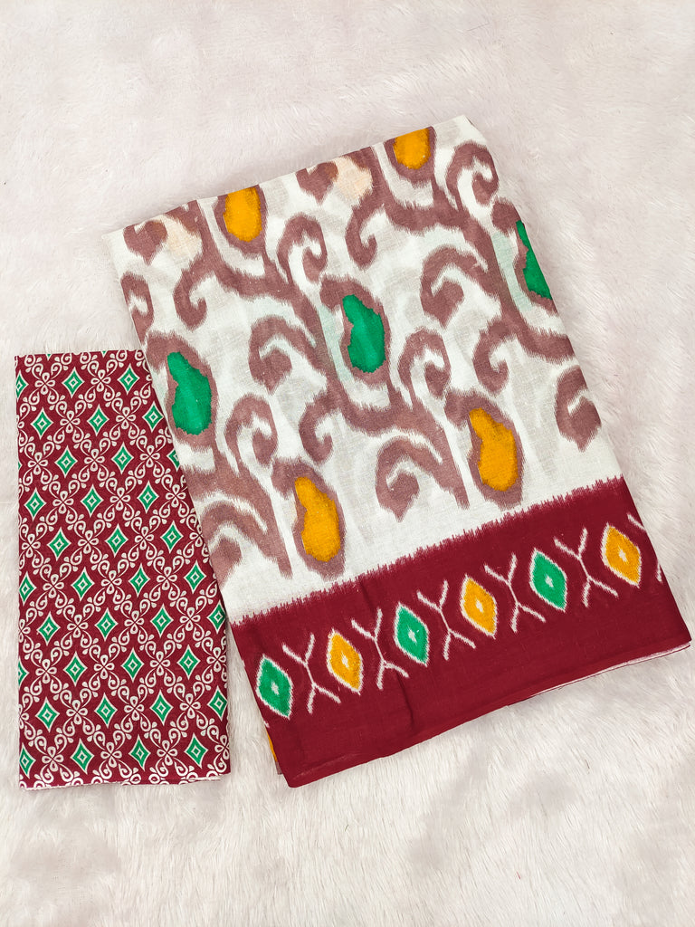 JYOTHIKA PURE MULMUL COTTON IKKAT  PRINTD MAROON SAREE
