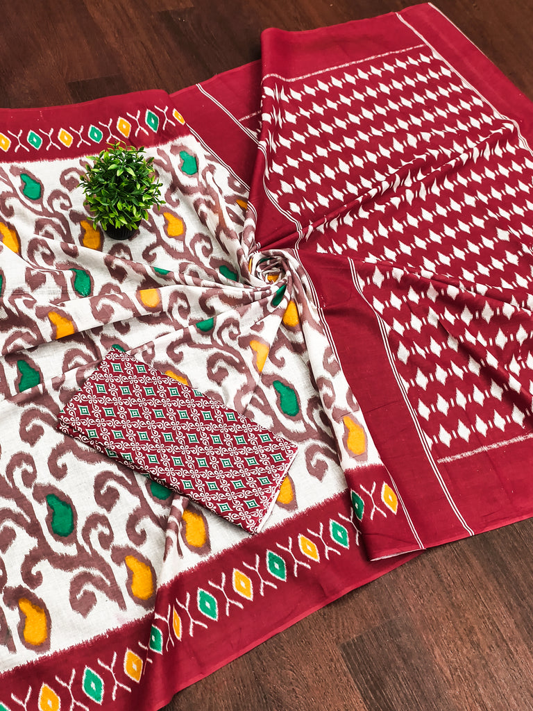 JYOTHIKA PURE MULMUL COTTON IKKAT  PRINTD MAROON SAREE