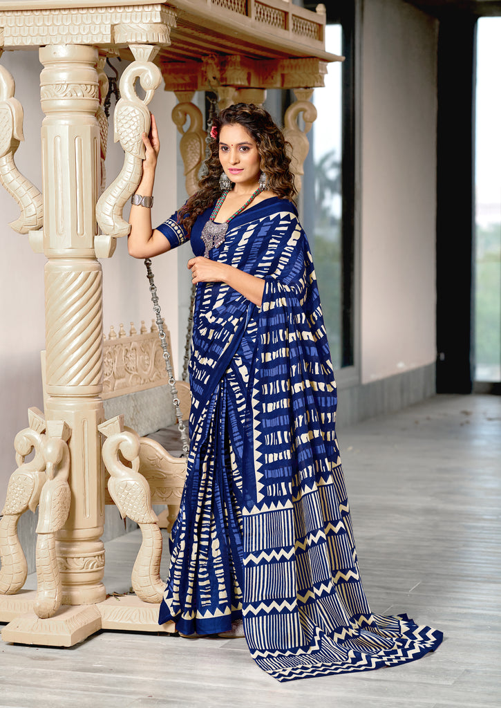 KADAMBARI MULMUL COTTON PURE COTTON FANCY BAGRU BLOCK PRINT BLUE SAREE