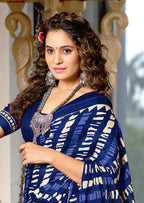 KADAMBARI MULMUL COTTON PURE COTTON FANCY BAGRU BLOCK PRINT BLUE SAREE