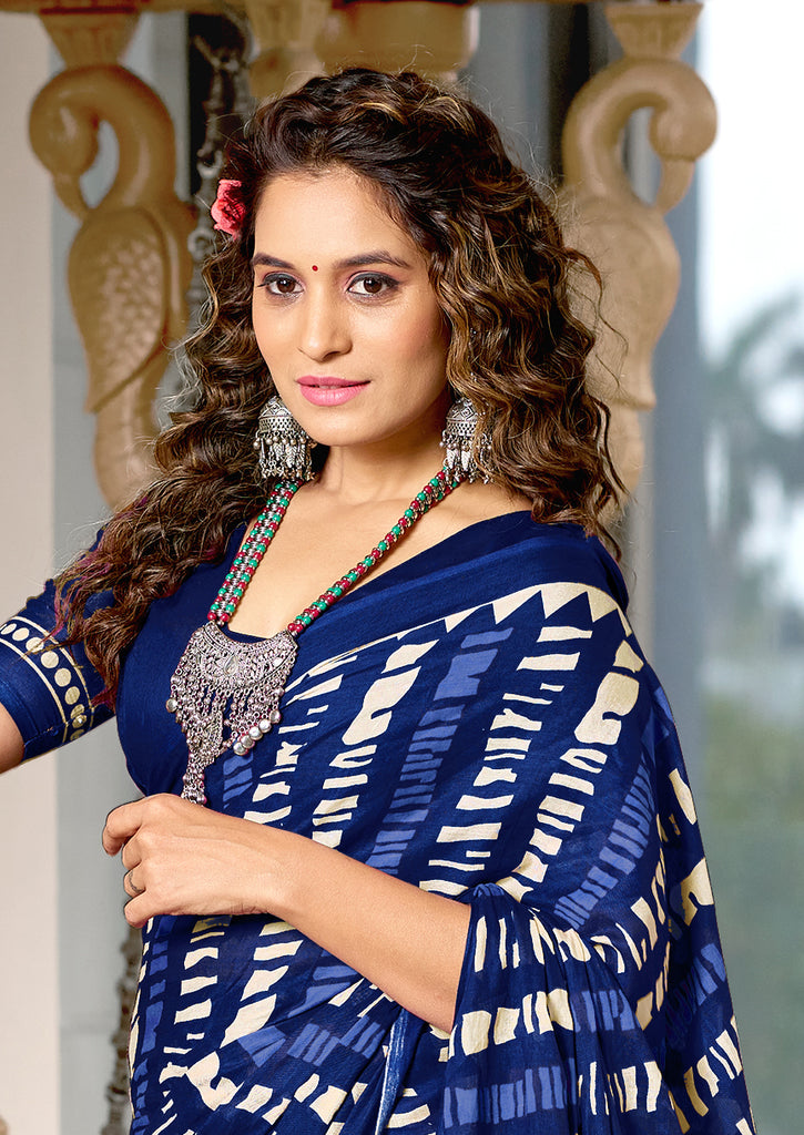 KADAMBARI MULMUL COTTON PURE COTTON FANCY BAGRU BLOCK PRINT BLUE SAREE