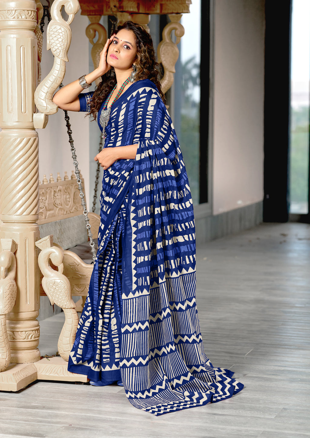 KADAMBARI MULMUL COTTON PURE COTTON FANCY BAGRU BLOCK PRINT BLUE SAREE