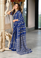KADAMBARI MULMUL COTTON PURE COTTON FANCY BAGRU BLOCK PRINT BLUE SAREE