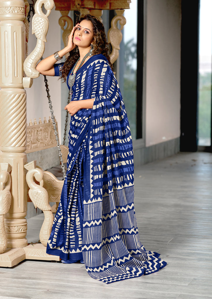 KADAMBARI MULMUL COTTON PURE COTTON FANCY BAGRU BLOCK PRINT BLUE SAREE