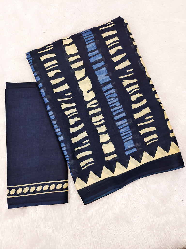 KADAMBARI MULMUL COTTON PURE COTTON FANCY BAGRU BLOCK PRINT BLUE SAREE