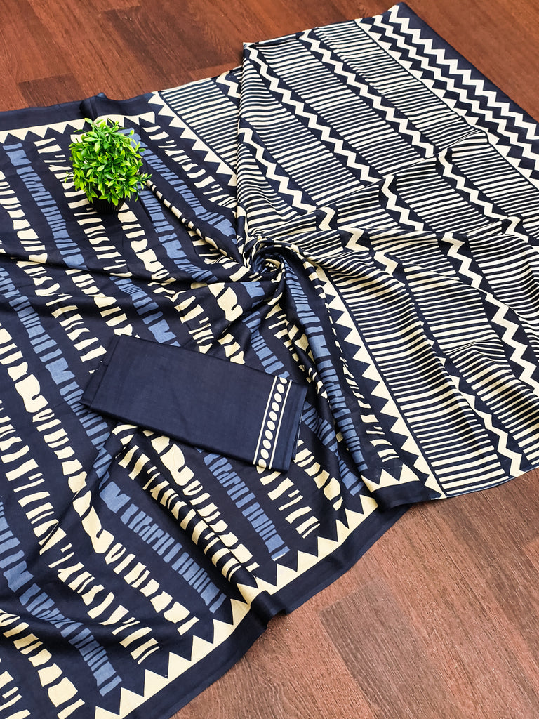 KADAMBARI MULMUL COTTON PURE COTTON FANCY BAGRU BLOCK PRINT BLUE SAREE
