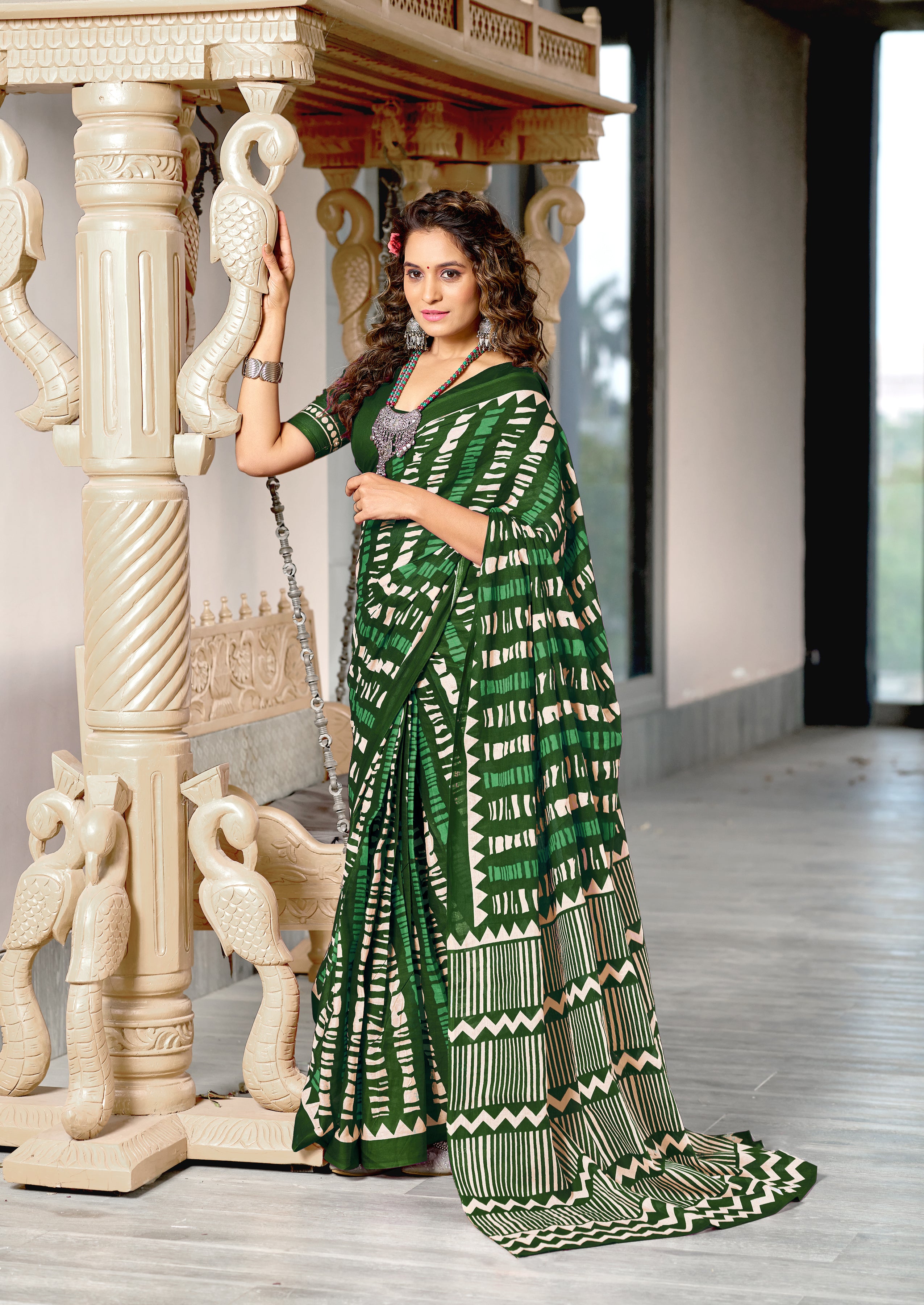 KADAMBARI MULMUL COTTON PURE COTTON FANCY BAGRU BLOCK PRINT GREEN SAREE