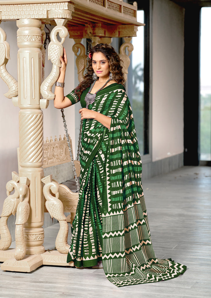 KADAMBARI MULMUL COTTON PURE COTTON FANCY BAGRU BLOCK PRINT GREEN SAREE