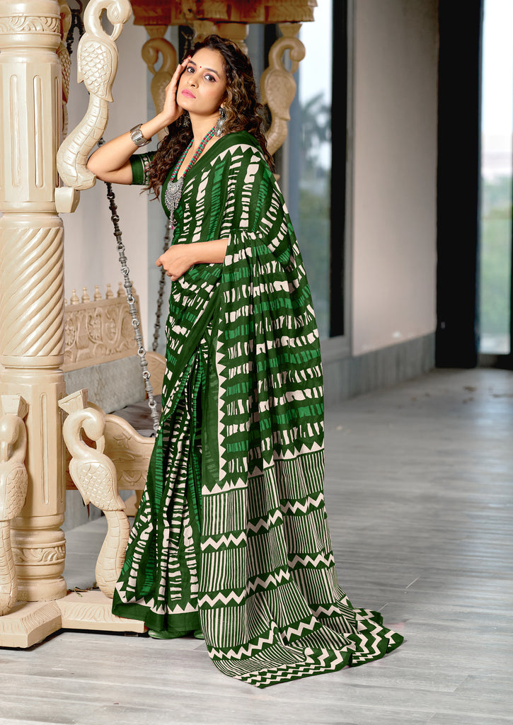 KADAMBARI MULMUL COTTON PURE COTTON FANCY BAGRU BLOCK PRINT GREEN SAREE