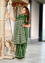 KADAMBARI MULMUL COTTON PURE COTTON FANCY BAGRU BLOCK PRINT GREEN SAREE