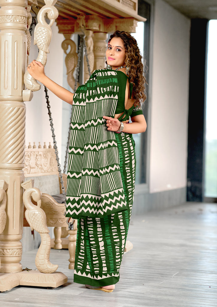 KADAMBARI MULMUL COTTON PURE COTTON FANCY BAGRU BLOCK PRINT GREEN SAREE