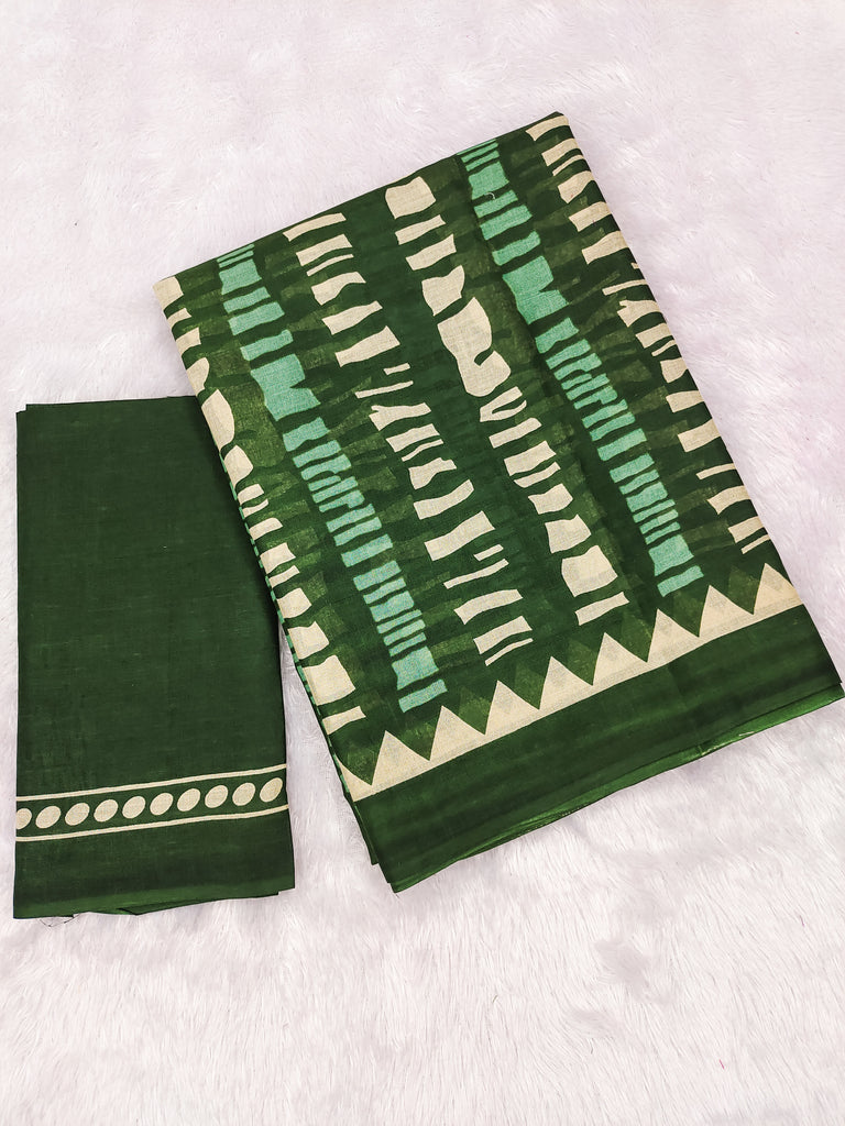 KADAMBARI MULMUL COTTON PURE COTTON FANCY BAGRU BLOCK PRINT GREEN SAREE