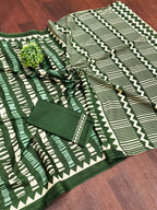 KADAMBARI MULMUL COTTON PURE COTTON FANCY BAGRU BLOCK PRINT GREEN SAREE
