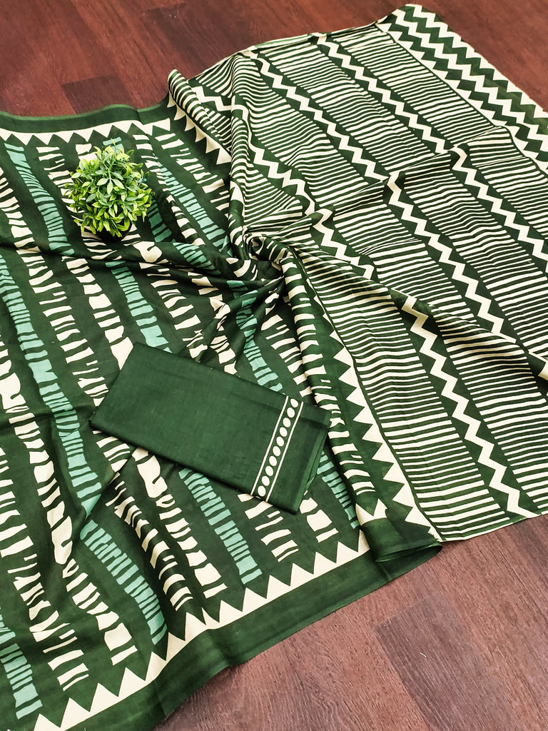 KADAMBARI MULMUL COTTON PURE COTTON FANCY BAGRU BLOCK PRINT GREEN SAREE