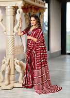 KADAMBARI MULMUL COTTON PURE COTTON FANCY BAGRU BLOCK PRINT MAROON SAREE