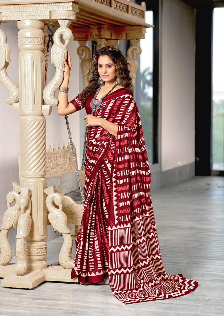 KADAMBARI MULMUL COTTON PURE COTTON FANCY BAGRU BLOCK PRINT MAROON SAREE