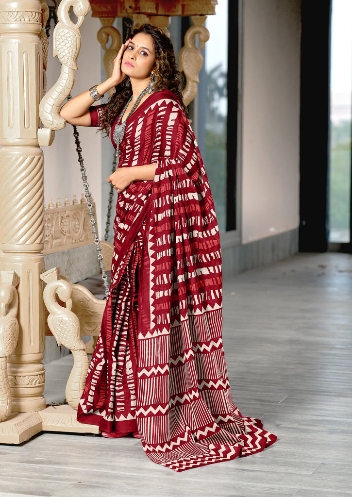 KADAMBARI MULMUL COTTON PURE COTTON FANCY BAGRU BLOCK PRINT MAROON SAREE