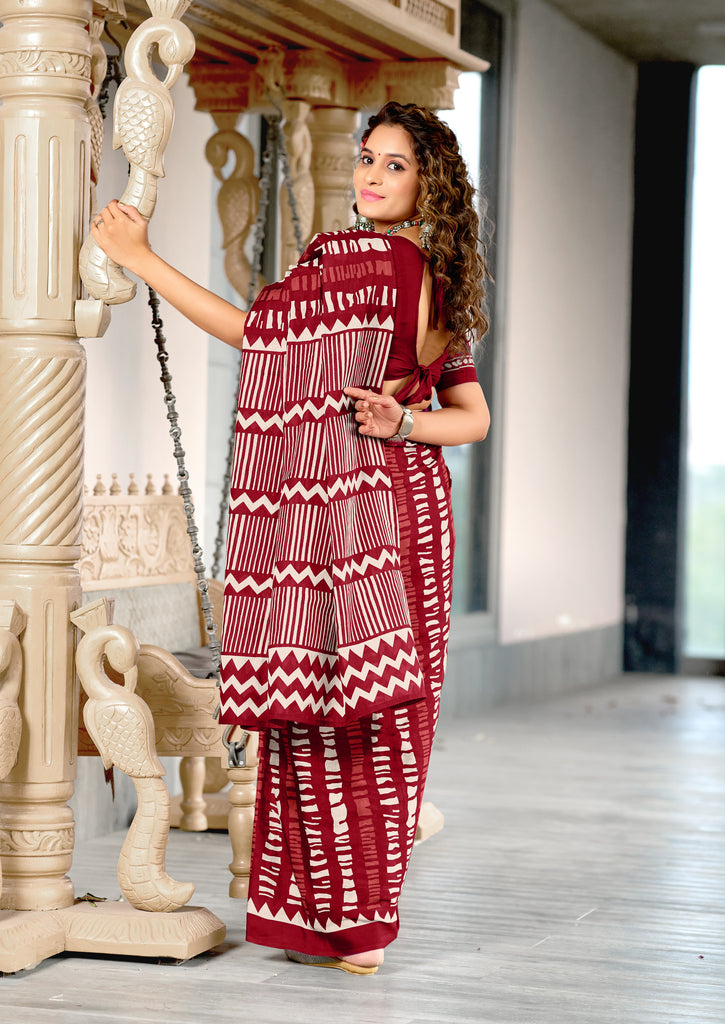 KADAMBARI MULMUL COTTON PURE COTTON FANCY BAGRU BLOCK PRINT MAROON SAREE