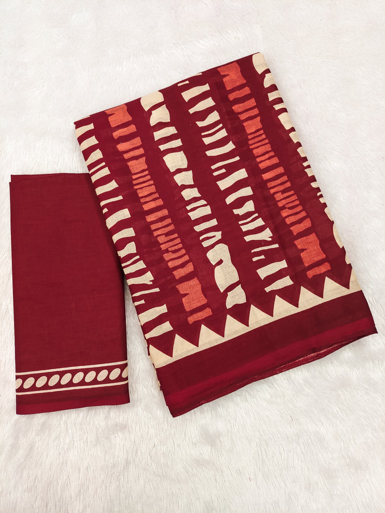 KADAMBARI MULMUL COTTON PURE COTTON FANCY BAGRU BLOCK PRINT MAROON SAREE