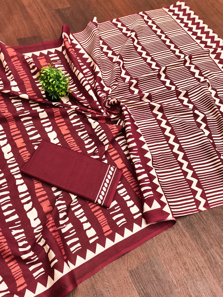 KADAMBARI MULMUL COTTON PURE COTTON FANCY BAGRU BLOCK PRINT MAROON SAREE