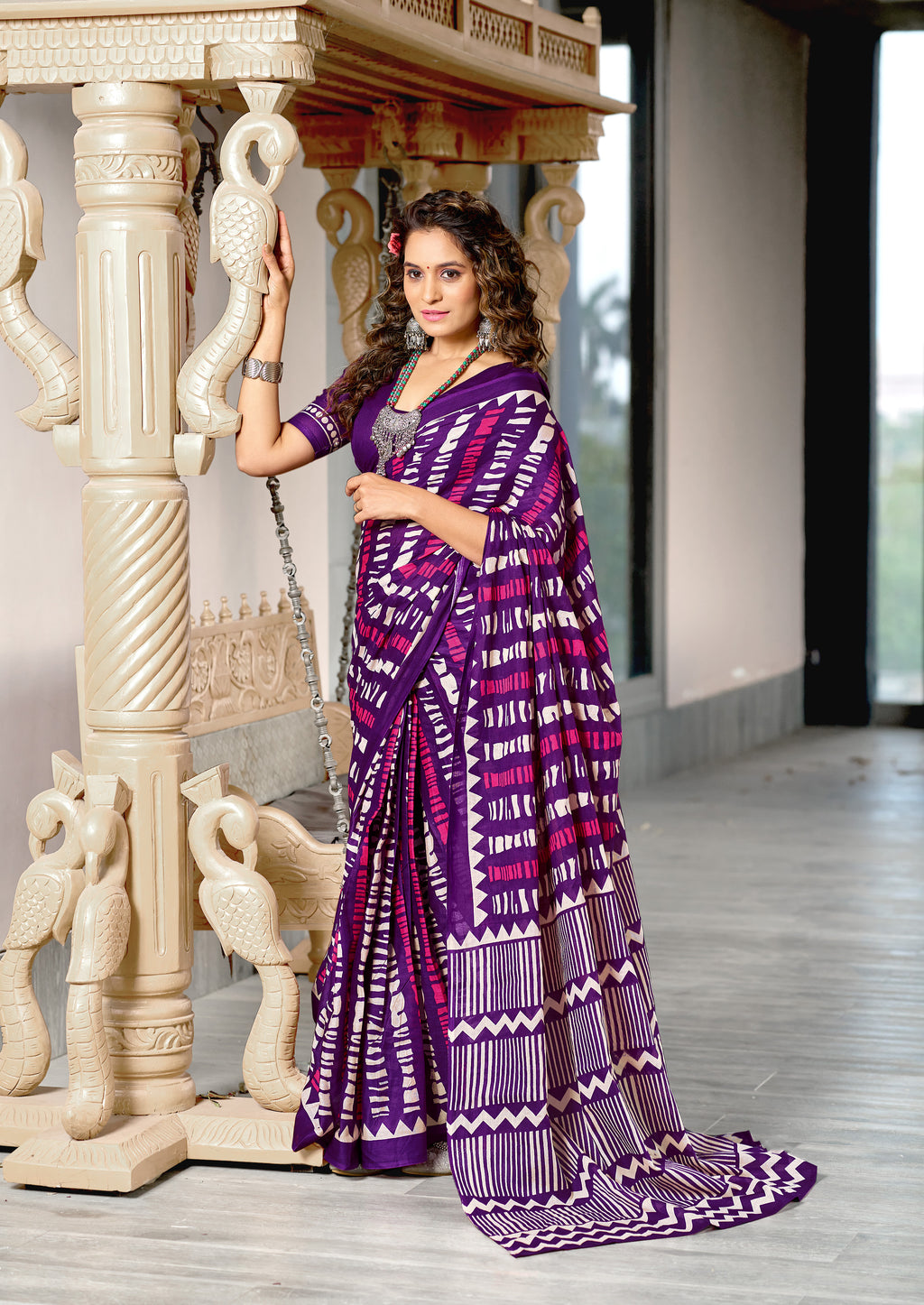 KADAMBARI MULMUL COTTON PURE COTTON FANCY BAGRU BLOCK PRINT PURPLE SAREE