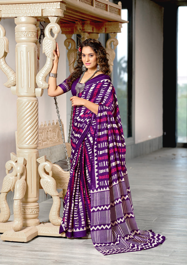 KADAMBARI MULMUL COTTON PURE COTTON FANCY BAGRU BLOCK PRINT PURPLE SAREE