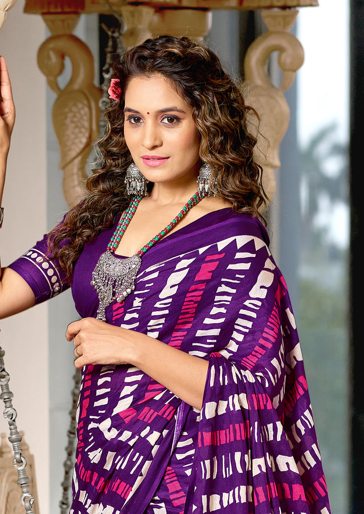 KADAMBARI MULMUL COTTON PURE COTTON FANCY BAGRU BLOCK PRINT PURPLE SAREE