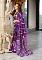KADAMBARI MULMUL COTTON PURE COTTON FANCY BAGRU BLOCK PRINT PURPLE SAREE