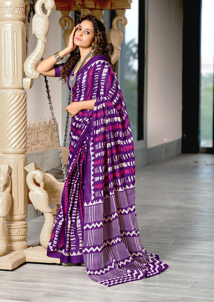 KADAMBARI MULMUL COTTON PURE COTTON FANCY BAGRU BLOCK PRINT PURPLE SAREE