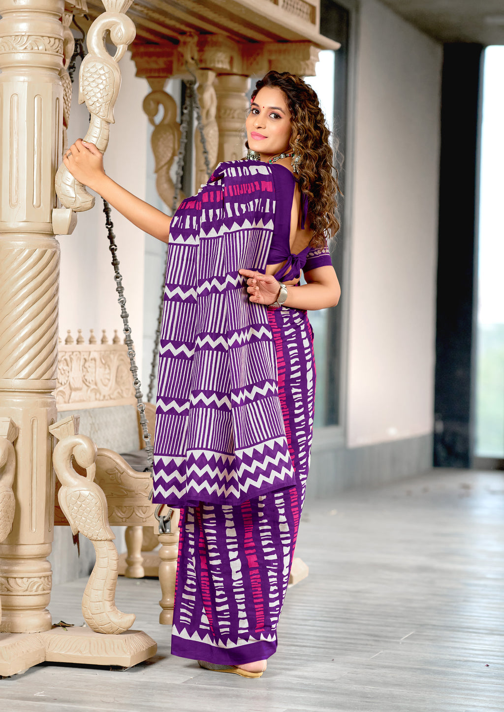 KADAMBARI MULMUL COTTON PURE COTTON FANCY BAGRU BLOCK PRINT PURPLE SAREE