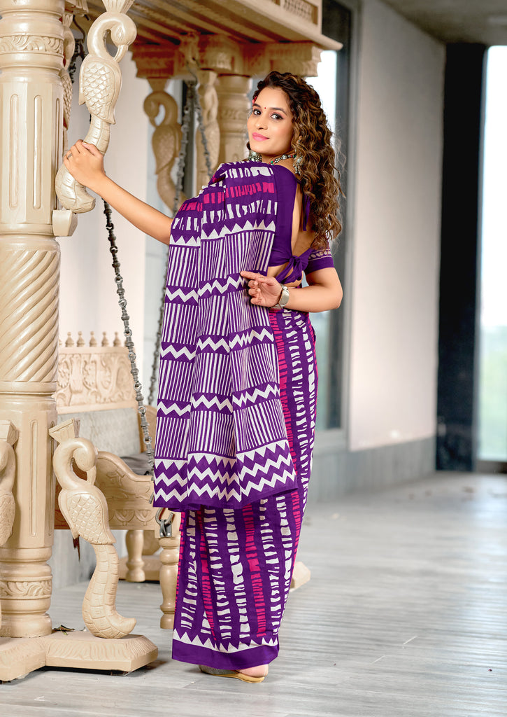 KADAMBARI MULMUL COTTON PURE COTTON FANCY BAGRU BLOCK PRINT PURPLE SAREE