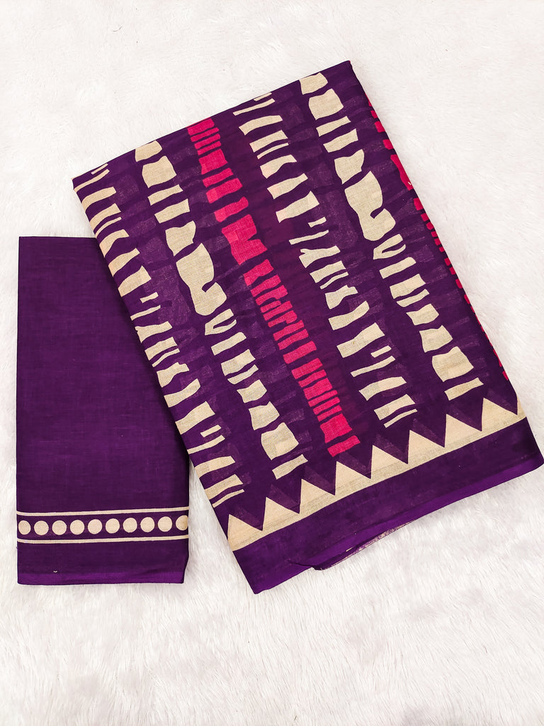 KADAMBARI MULMUL COTTON PURE COTTON FANCY BAGRU BLOCK PRINT PURPLE SAREE