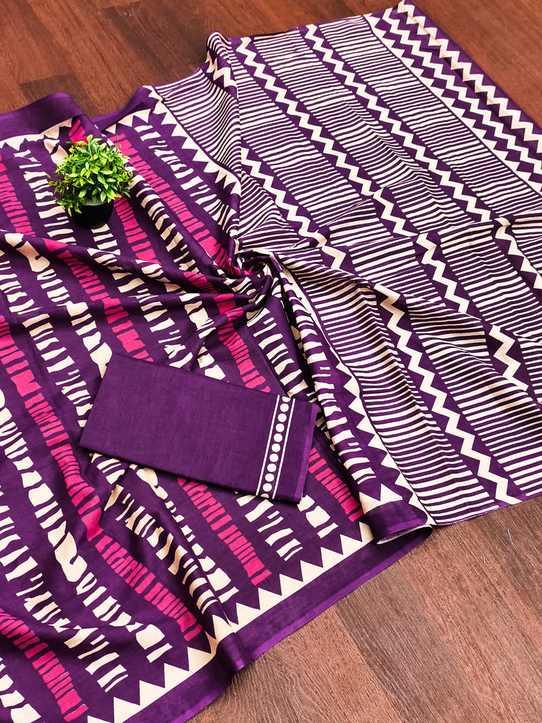 KADAMBARI MULMUL COTTON PURE COTTON FANCY BAGRU BLOCK PRINT PURPLE SAREE