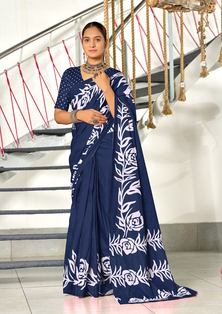 KALA PURE MULMUL COTTON HAND BLOCK FLORAL PRINTD BLUE SAREE