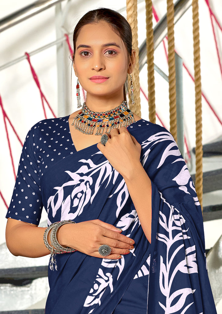 KALA PURE MULMUL COTTON HAND BLOCK FLORAL PRINTD BLUE SAREE