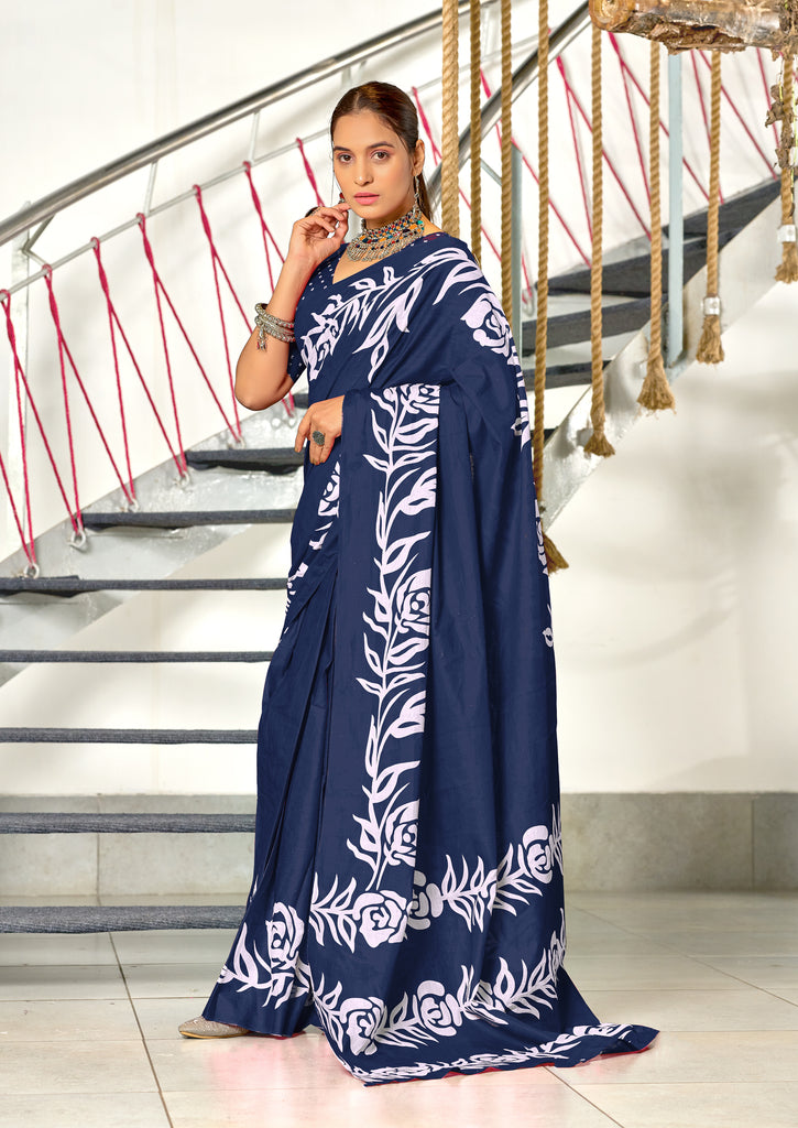 KALA PURE MULMUL COTTON HAND BLOCK FLORAL PRINTD BLUE SAREE
