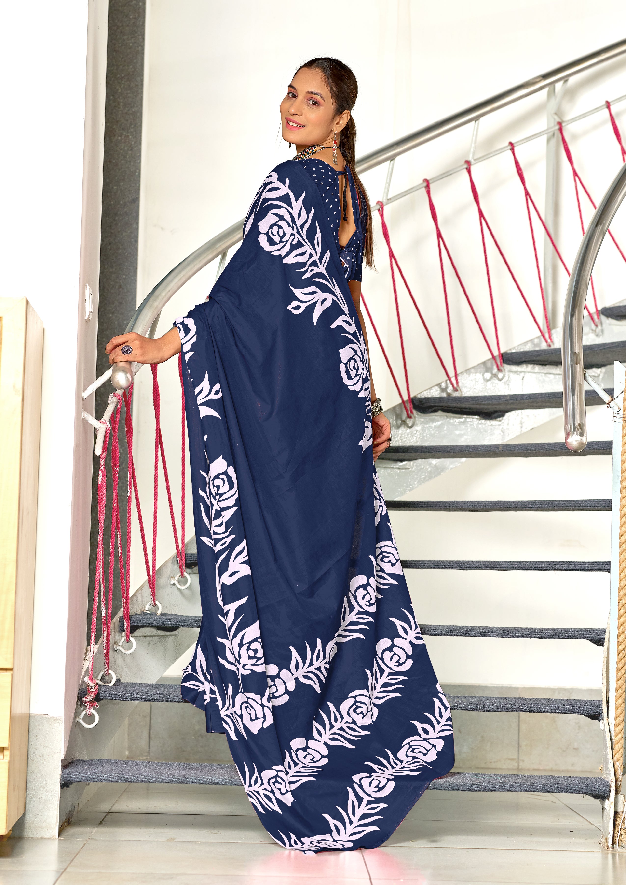 KALA PURE MULMUL COTTON HAND BLOCK FLORAL PRINTD BLUE SAREE